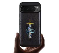 Carveit Magnetic Wooden Case for Pixel 9 Pro / 9 Pro Case, Wood Artisan Engraved & Handmade Shell Inlaid, Compatible with MagSafe Wireless Chargers, Serpent Winged Sword - Blackwood