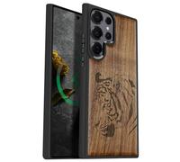 Carveit Magnetic Wooden Case for Samsung Galaxy S25 Ultra Case 2025, TPU Shockproof Cover & Wood Artisan Engraved, Compatible with MagSafe Wireless Chargers (Regal Tiger Portrait) Walnut
