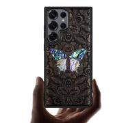 Carveit Magnetic Wooden Case for Samsung Galaxy S25 Ultra Case, Wood Artisan Engraved & Handmade Shell Inlaid, Compatible with MagSafe Wireless Chargers (Baroque Butterfly) Blackwood