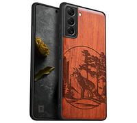 Carveit Wood Case for Galaxy S21 Case [Natural Wood & Black Soft TPU] Shockproof Protective Cover Unique & Classy Wooden Case Compatible with Samsung S21 5G (Fox and woods-Red Wood)
