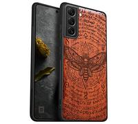 Carveit Wood Case for Galaxy S21 FE Case [Natural Wood & Black Soft TPU] Shockproof Protective Cover Unique Wooden Case Compatible with Samsung S21 FE 5G (Death's Head moth-Rosy)