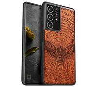 Carveit Wood Case for Galaxy S21 Ultra Case [Natural Wood & Black Soft TPU] Shockproof Protective Cover Unique Wooden Case Compatible with Samsung S21 Ultra 5G (Death's Head moth-Rosy)
