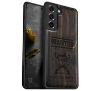 Carveit Wood Case for Galaxy S22 Case [Natural Wood & Black Soft TPU] Shockproof Protective Cover Unique & Classy Wooden Design Compatible with Samsung S22 (Outlaw Skull Wanted-Blackwood)