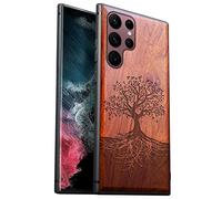 Carveit Wood Case for Galaxy S22 Ultra - Natural Wood & Soft TPU - Shockproof Protective Cover - Unique & Classy Wooden Case - Compatible with Samsung S22 Ultra (Tree with Roots Carving-Rosy)