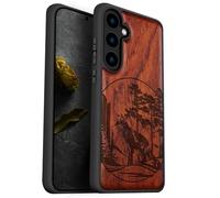 Carveit Wood Case for Galaxy S24 Case 2024 [Natural Wood & Black Soft TPU] Shockproof Protective Cover Unique Wooden Case Compatible with Samsung S24 Case (Fox and woods-Red Wood)