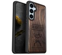 Carveit Wood Case for Galaxy S24 FE Case [Natural Wood & Black Soft TPU] Shockproof Protective Cover Unique Wooden Design Compatible with S24 FE (Outlaw Skull Wanted-Walnut)