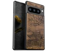 Carveit Wood Case for Google Pixel 8 Pro - Natural Wood & Black Soft TPU - Shockproof Protective Cover - Unique Wooden Case - Traditional Temple-Walnut