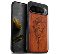 Carveit Wood Case for Google Pixel 9 Pro - Natural Wood & Black Soft TPU - Shockproof Protective Cover - Unique Wooden Case - The Guiding Vegvisir (Red)