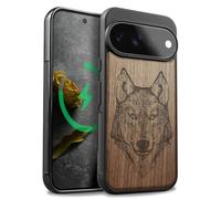 Carveit Wood Case for Pixel 11 Pro, Wolf Linework Art, Walnut