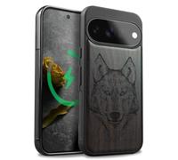 Carveit Wood Case for Pixel 11, Wolf Linework Art, Black