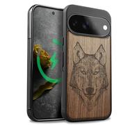 Carveit Wood Case for Pixel 11, Wolf Linework Art, Walnut