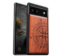 Carveit Wood Case for Pixel 6a Case [Hard Real Wood & Soft TPU] Shockproof Hybrid Protective Cover Unique & Classy Wooden Case Compatible with Google Pixel 6a Case (Vintage Compass Carving-Rosy)