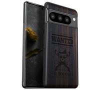 Carveit Wood Case for Pixel 8 Pro Case [Natural Wood & Black Soft TPU] Shockproof Protective Unique Wooden Cover Compatible with Google Pixel 8 Pro (Outlaw Skull Wanted-Blackwood)