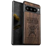 Carveit Wood Case for Pixel 8 Pro Case [Natural Wood & Black Soft TPU] Shockproof Protective Unique Wooden Cover Compatible with Google Pixel 8 Pro (Outlaw Skull Wanted-Walnut)