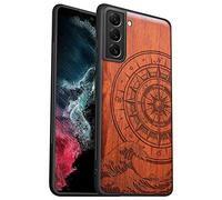 Carveit Wood Case for Samsung Galaxy S21 5G Case Durable Slim Thin Real Wood Handmade Soft TPU Bumper Shockproof Hybrid Protective Case Cover Phone Case (Compass Waves-Rosewood)