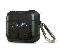 Carveit Wooden Case for AirPods 4 (2024) 4th Generation, Wood Artistic Engraved & Handmade Shell Inlay, TPU Shockproof Cover, Titanium Quick Released Clasp (Bats Over the Forest) Blackwood