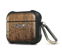 Carveit Wooden Case for AirPods 4 (2024) 4th Generation, Wood Artistic Engraved & Handmade Shell Inlay, TPU Shockproof Cover, Titanium Quick Released Clasp (Bats Over the Forest) Walnut