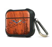 Carveit Wooden Case for AirPods 4 (2024) 4th Generation, Wood Artistic Engraved & Handmade Shell Inlay, TPU Shockproof Cover, Titanium Quick Released Clasp (Bats Over the Forest) Rosy