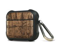 Carveit Wooden Case for AirPods 4 Case (2024) (USB-C) 4th Generation, Wood Artisan Engraved & TPU Shockproof Cover, Titanium Quick Released Clasp (Mountains and Deer) Walnut