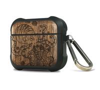 Carveit Wooden Case for AirPods 4 Case (2024) (USB-C) 4th Generation, Wood Artisan Engraved & TPU Shockproof Cover, Titanium Quick Released Clasp (Inked Octopus Art) Walnut