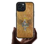 Carveit Wooden Case for iPhone 15 Magnetic Case, Compatible with MagSafe Wireless Chargers, Shockproof Cover, Handmade Shell Inlaid & Wood Artisan Engraved (Serpent Winged Sword-Cherry)