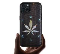 Carveit Wooden Case for iPhone 15 Plus Magnetic Case, Compatible with MagSafe Wireless Chargers, Shockproof Cover, Handmade Shell Inlaid & Wood Artisan Engraved (Caduceus amidst-Blackwood)