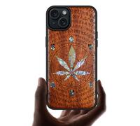 Carveit Wooden Case for iPhone 15 Plus Magnetic Case, Compatible with MagSafe Wireless Chargers, Shockproof Cover, Handmade Shell Inlaid & Wood Artisan Engraved (Caduceus amidst-Rosy)