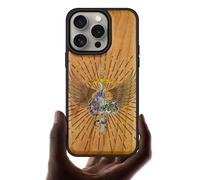 Carveit Wooden Case for iPhone 15 Pro Magnetic Case, Compatible with MagSafe Wireless Chargers, Shockproof Cover, Handmade Shell Inlaid & Wood Artisan Engraved (Serpent Winged Sword-Cherry)