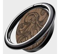 Carveit Wooden Phone Ring Holder Finger Stand Metal Grip Hook Phone Kickstand Compatible With Galaxy S24 Ultra S23 iPhone 15 Pro Max 12 13 14 Pixel 8-Walnut/Black/Octopus Drawing [1 Pack]