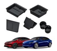 Carwiner 5PCS Center Console Organizer Compatible with 2025 New Tesla Model Y Juniper/2024-2025 Tesla Model 3 Highland Accessories, Hidden Storage Box, Cup Holder with Wireless Charger Silicone Mat