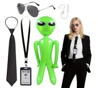 CARxlythic Agent Costume Accessory Set, Secret Security Guard Outfit Kit with Sunglasses Headphones Ties ID Card Inflatable Green Aliens for Women Men Halloween MIB Cosplay Theme Party (B)