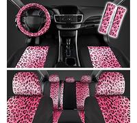carXS Leopard Print Car Seat Covers Full Set, Includes Matching Seat Belt Pads and Steering Wheel Cover, Two-Tone Cheetah Hot Pink Seat Covers for Cars for Women, Car Seat Protector Interior Covers