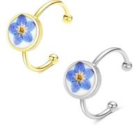 Carykon 2 PCS Adjustable Open Band Finger Ring for Lovers Friends Handmade Dried Forget-Me-Not Flowers Statement Ring for Women Wedding Silver and Gold