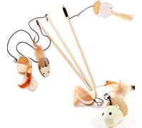 Carykon Natural Sisal Wand Teasers and Exerciser for Cat Kitten with Mouse/Pumpkin/Fish Toy, Bell, Feather, Elastic String and Sturdy Wood Rod, Set of 3