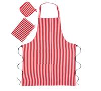 Casa D'Or Double Oven Gloves Set with Apron Heat Resistant Oven Mitts for Home Kitchen Baking and Cooking, Butchers Stripe Pot Pan Tray Double Oven Gloves Set (Red)