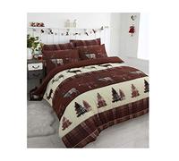 Casa D'Or Quality Double Festive Christmas Stag Reindeer Pine Tree Printed Design Brown Flannelette Duvet Cover Set Bedding Set with Pillowcases, 100% Cotton Brown Duvet Sets - Double Size