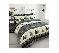 Casa D'Or Quality Super King Festive Christmas Stag Reindeer Pine Tree Printed Design Grey Flannelette Duvet Cover Set Bedding Set with Pillowcases, 100% Cotton Grey Duvet Sets - Super King Size