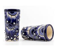 Casa Fiesta Designs Mexican Shot Glasses, Hand-painted Ceramic Tequila Shot Glass Made in Mexico - Great for Tequila, Mezcal and Sangrita, 2 oz set of 2 - Blue and White - Tequilero Azul y Blanco