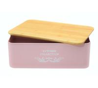 CASA HEAVEN Bread Bin with Bamboo Cap 35 x 12 x 23 cm - Pink Metal Kitchen Bread Box with Bamboo Lid - Vintage Design