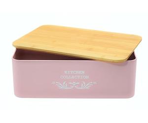 CASA HEAVEN Bread Bin with Bamboo Cap 35 x 12 x 23 cm - Pink Metal Kitchen Bread Box with Bamboo Lid - Vintage Design