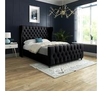 Casa Magna Donati Straight Curved Top Upholstered Soft Velvet Bed Frame - Black - Black - Super king