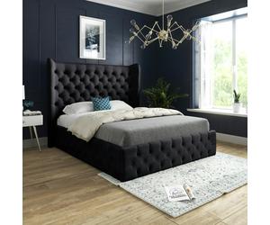 Casa Magna Florence Wide Winged Upholstered Soft Velvet Bed Frame - Black - Black - Small single