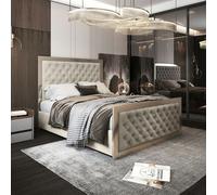 Casa Magna Maddison Upholstered Soft Velvet Metal Bed Frame - Cream - Double - Silver