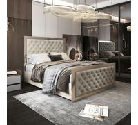 Casa Magna Maddison Upholstered Soft Velvet Metal Bed Frame - Cream - Super king - Silver