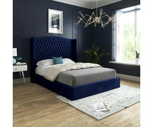 Casa Magna Quanta Straight Winged Upholstered Soft Velvet Bed Frame - Grey - Blue - Small single