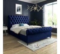 Sienna Sleigh Upholstered Soft Velvet Bed Frame - Blue