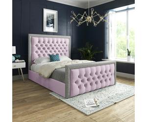 Casa Magna Turin Straight Winged Upholstered Soft Velvet Bed Frame - Grey - Pink - Small single