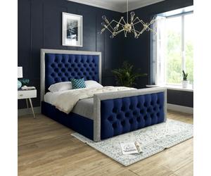 Casa Magna Venice Glitter Border Upholstered Soft Velvet Bed Frame - Blue - Blue - Small double