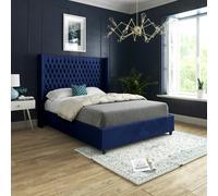 Casa Magna Volta Straight Winged Upholstered Soft Velvet Bed Frame - Blue - Blue - Double