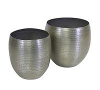 Casa Moro Castelon Oriental Flower Pot Set of 2 Small Silver Round Aluminium Decorated with Hammered Strike | Moroccan Style Metal Planter Flower Pot Plant Pot | ABK805